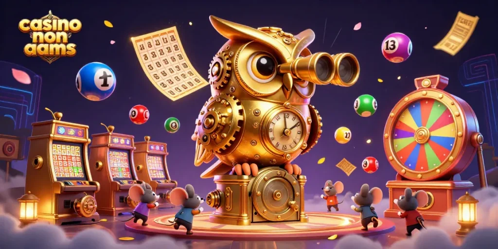 Casino non AAMS con un gufo e topini che giocano tra slot machines, atmosfere vivaci.