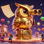 Casino non AAMS con un gufo e topini che giocano tra slot machines, atmosfere vivaci.