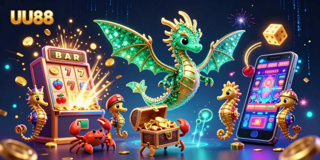 Join the excitement of UU88 with a 3D dragon, jackpot slot machines, and glowing treasures!
