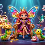An engaging scene of F168 featuring a vibrant butterfly queen, dynamic game elements, and casino imagery.