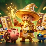 Experience HUBET's thrilling casino adventure with golden wizard, treasure, and dynamic slot elements.