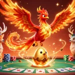 Engage in thrilling gaming adventures at 79king, featuring a vibrant casino scene with a phoenix and dynamic poker setup.