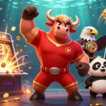 Experience excitement at xim with a muscular bull mascot celebrating a big slot win beside a joyful panda and eagle.