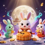 Experience gaming thrills with red888 as a moon rabbit pounds mooncakes revealing poker chips.