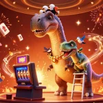 Engage in thrilling gameplay with pgslot16 as a giant dinosaur oversees fun slot action.
