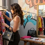 Personal shopping: donna elegante che esplora abiti in un boutique alla moda