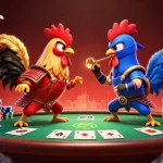 Click here showcases a thrilling standoff between samurai and ninja roosters at a poker table.