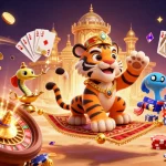 Win big with 17j77 com in this vibrant scene of casino excitement featuring a tiger sultan.