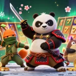 iwin game strategies illustrated with samurai panda, ninja fox, and magical tanuki in a vibrant casino setting