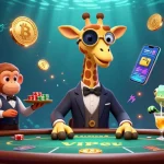 Bet big at go 88 casino with a charismatic high-roller giraffe, monkey valet, and chameleon bartender in a vibrant gaming scene.