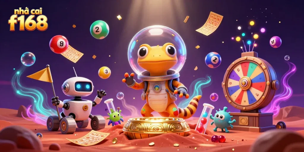 Engage in vibrant gaming fun at nhà cái f168 featuring an animated casino scene filled with lottery games.