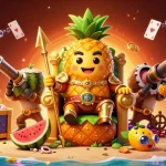 Experience the excitement of 8XBET with a dazzling scene of a golden pineapple king and festive characters in a tropical casino.