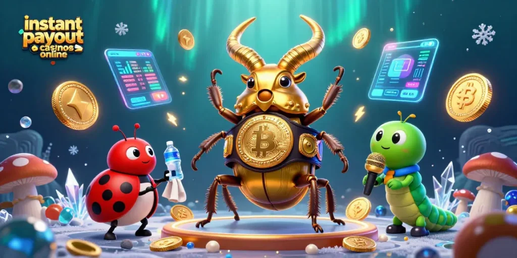 Engage in action at instant payout casinos online with colorful cartoon characters and crypto elements.