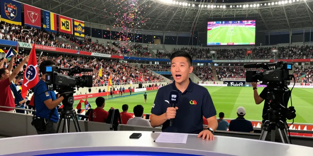 Sports journalist reporting kora live news in a vibrant stadium with cheering fans.