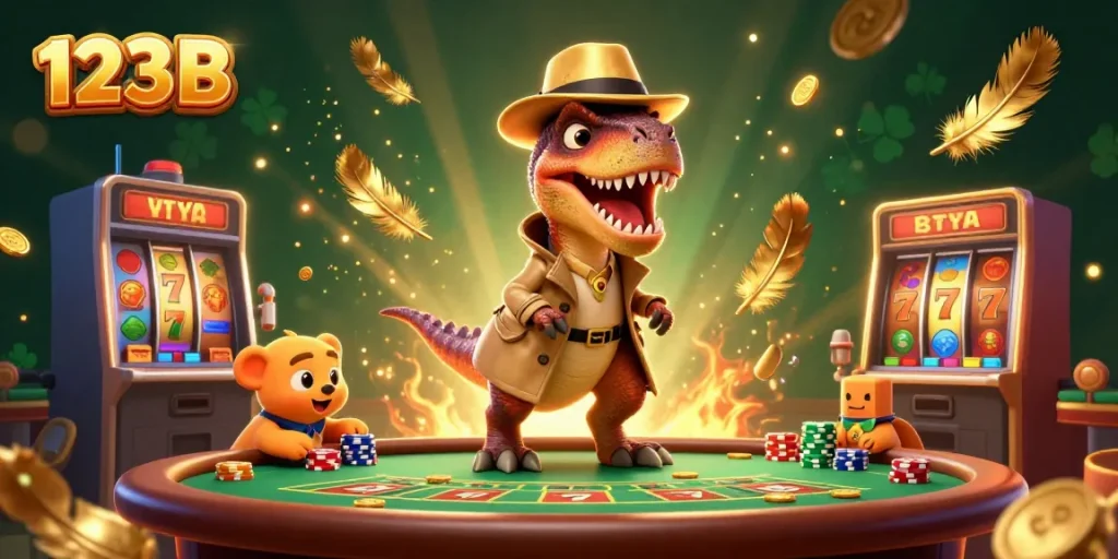 Experience thrilling Blackjack with 123B at a casino table featuring fantastical characters.