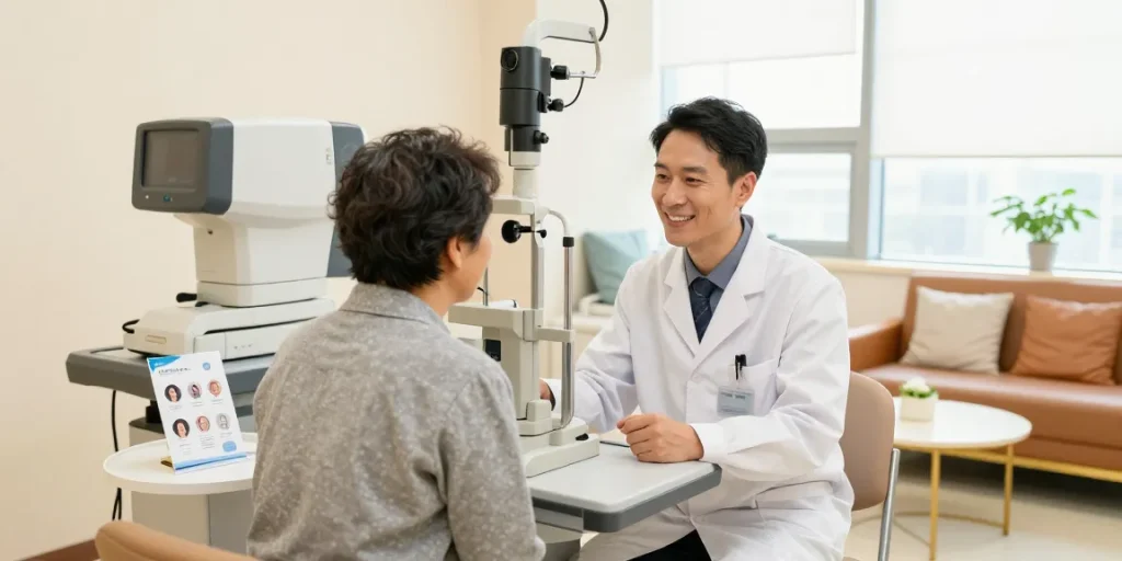SNU Eye Clinic: Patient and ophthalmologist discussing personalized vision correction options in a modern eye care facility.
