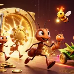 Discover 007WIN's dynamic casino adventure filled with golden chips and treasure in this vibrant illustration.