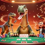 Experience dynamic gaming with keo nha cai hom nay in this lively poker scene featuring a towering dinosaur.