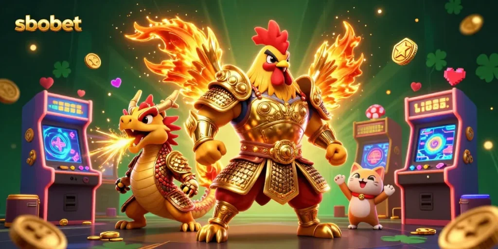 Engage with sbobet's dynamic features featuring a majestic fighting rooster and dragon in a vibrant casino setting.