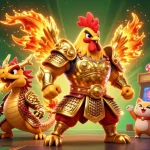 Engage with sbobet's dynamic features featuring a majestic fighting rooster and dragon in a vibrant casino setting.