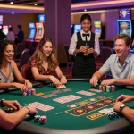 Friends enjoying a lively casino atmosphere while playing dewa slot at a gaming table, vibrant lights and excitement all around.