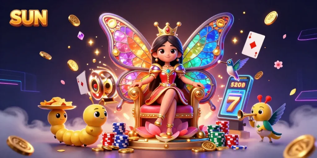 Experience sun-inspired casino excitement with vibrant illustrations of a butterfly queen, chips, and delightful game elements.