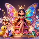 Experience sun-inspired casino excitement with vibrant illustrations of a butterfly queen, chips, and delightful game elements.