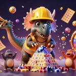 Experience thrilling wins with xoilac as a vibrant triceratops builds a poker chip pyramid.