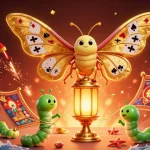 Engage with the dynamic fv88 casino scene featuring a majestic moth and golden casino elements.