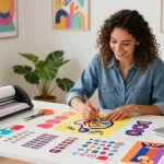 Custom stickers being designed in a vibrant workspace with colourful vinyl sheets and creative tools.