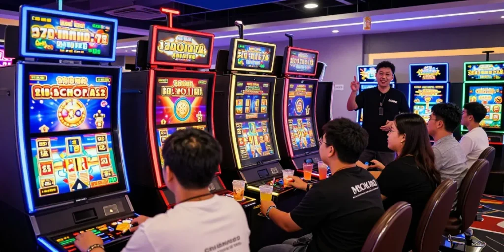 Exciting scene of players enjoying slot gacor games in a vibrant online casino atmosphere.