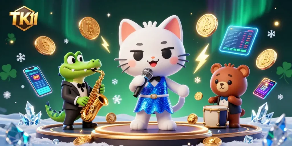 Join TK11's lively online gaming world with a cat singer, croc, and bear in a vibrant casino.