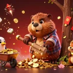 KUBET Link showcases a vibrant 3D casino scene with whimsical characters collecting golden coins and festive elements.