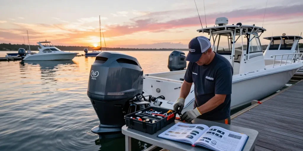 Yamaha outboard motor service technician maintaining a boat engine at dawn, showcasing expert marine maintenance.