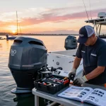 Yamaha outboard motor service technician maintaining a boat engine at dawn, showcasing expert marine maintenance.