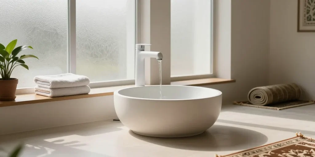 Ablution wash basin in a serene prayer space, featuring soft lighting and elegant design elements that enhance the cleansing experience.