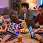 Excited players engaging in situs judi slot games online with vibrant graphics and cozy atmosphere.