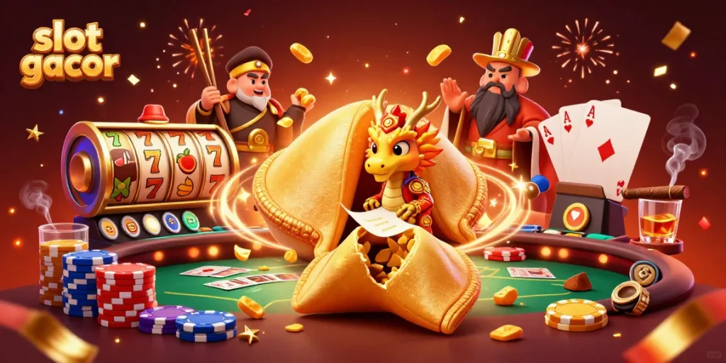 Experience thrilling slots with our exciting slot gacor scene featuring golden fortune cookies and vibrant characters.
