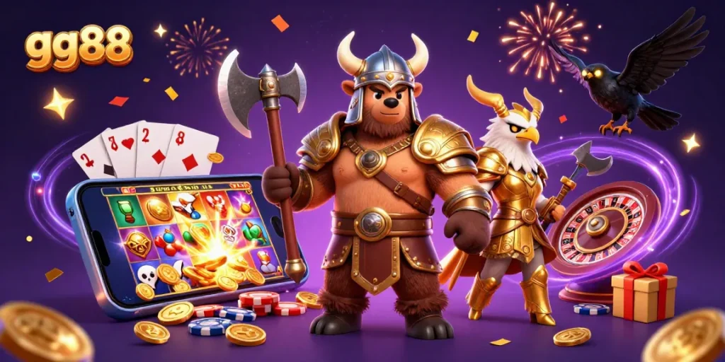 Engage with gg88's thrilling gaming experience featuring a Viking bear, Valkyrie eagle, and many casino elements.