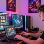 Exciting wd138 slot gaming scene with a player immersed in colorful game graphics and a vibrant setup.